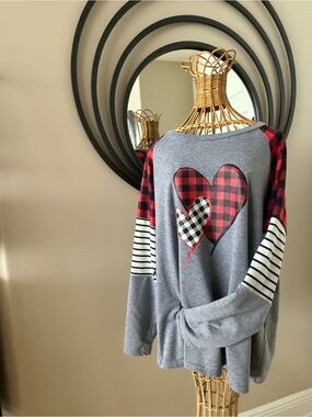 Gray Heart Patchwork Pullover with Buffalo Plaid